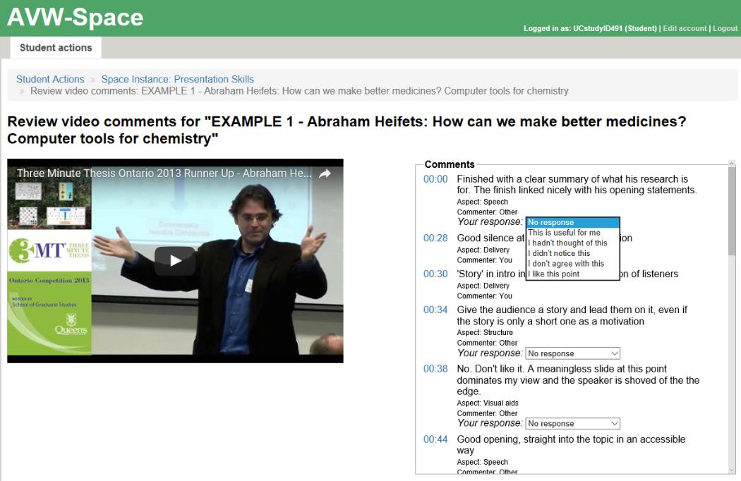 Screenshot of AVW online tutorial showing student reviews and rating of each others’ comments 