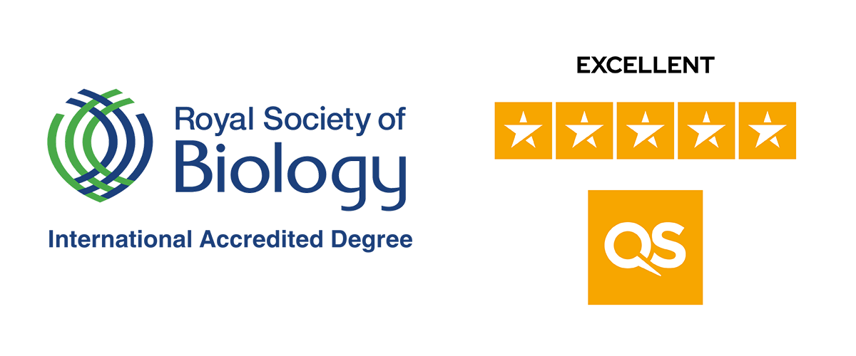 Logos for the Royal Society of Biology, and QS 5 star ranking.