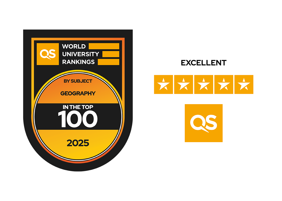 QS 5-star ranking logo, and a shield graphic depicting UC as a top 100 university of Geography.